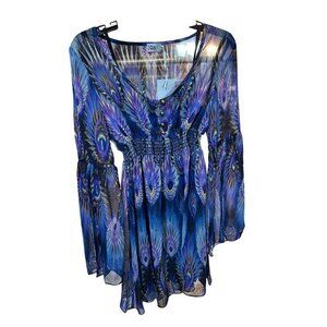 Three Eighty Two Bohemian Peacock Feather Size S Sheer Dress Bell Sleeves $192